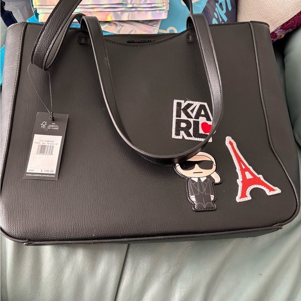 Karl Lagerfeld Black Tote Bag with Patches